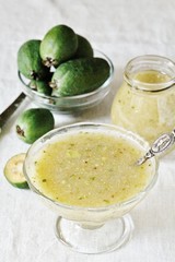 raw jam from feijoa. fruit feijoa ground with sugar, without heat treatment