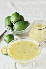 raw jam from feijoa. fruit feijoa ground with sugar, without heat treatment