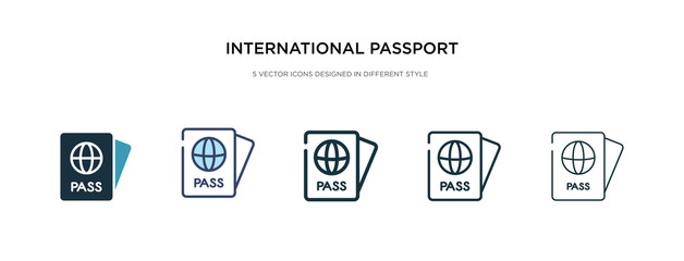 international passport icon in different style vector illustration. two colored and black international passport vector icons designed in filled, outline, line and stroke style can be used for web, - obrazy, fototapety, plakaty