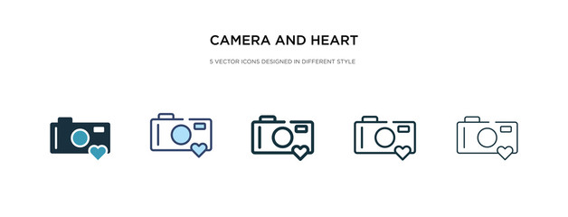 camera and heart picture icon in different style vector illustration. two colored and black camera and heart picture vector icons designed in filled, outline, line stroke style can be used for web,