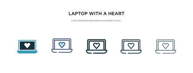 laptop with a heart icon in different style vector illustration. two colored and black laptop with a heart vector icons designed in filled, outline, line and stroke style can be used for web,