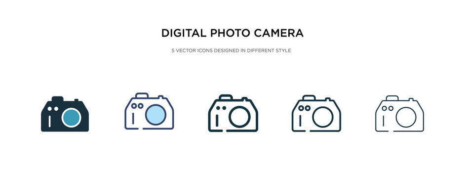 digital photo camera icon in different style vector illustration. two colored and black digital photo camera vector icons designed in filled, outline, line and stroke style can be used for web,