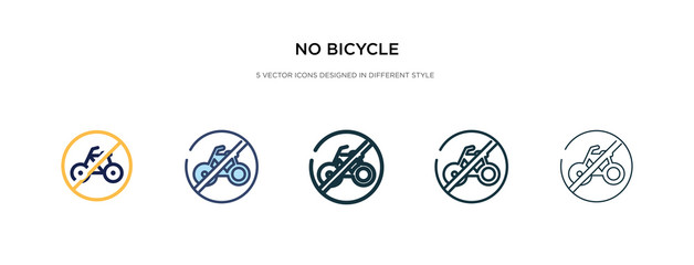 no bicycle icon in different style vector illustration. two colored and black no bicycle vector icons designed in filled, outline, line and stroke style can be used for web, mobile, ui