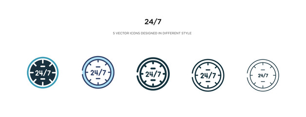 24/7 icon in different style vector illustration. two colored and black 24/7 vector icons designed in filled, outline, line and stroke style can be used for web, mobile, ui