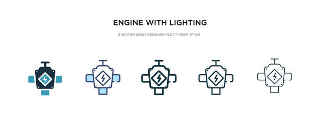 engine with lighting bolt icon in different style vector illustration. two colored and black engine with lighting bolt vector icons designed in filled, outline, line and stroke style can be used for