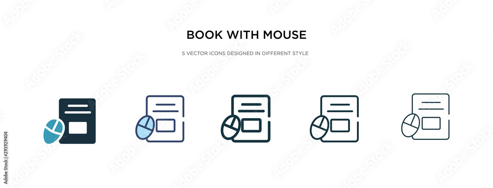 Poster book with mouse icon in different style vector illustration. two colored and black book with mouse v