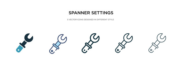 spanner settings button icon in different style vector illustration. two colored and black spanner settings button vector icons designed in filled, outline, line and stroke style can be used for