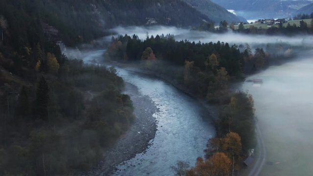 inntal serfaus toesens ried in mystic fog above river inn