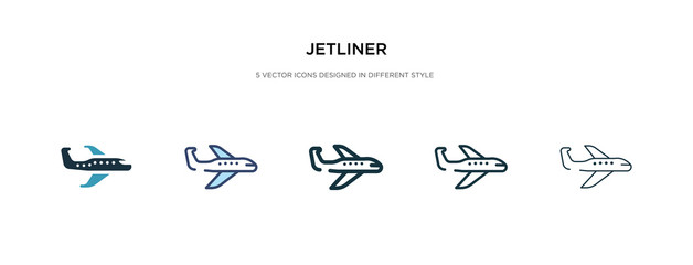 jetliner icon in different style vector illustration. two colored and black jetliner vector icons designed in filled, outline, line and stroke style can be used for web, mobile, ui