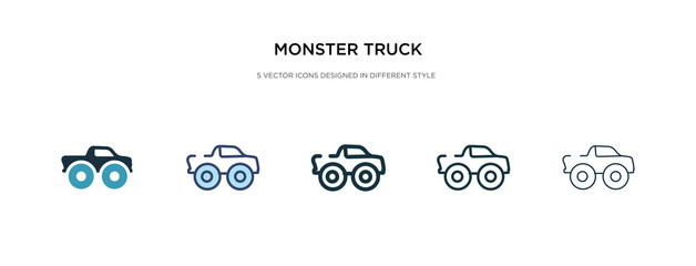 monster truck icon in different style vector illustration. two colored and black monster truck vector icons designed in filled, outline, line and stroke style can be used for web, mobile, ui © zaurrahimov