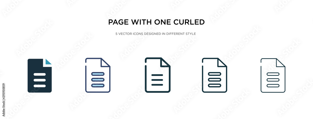 Poster page with one curled corner icon in different style vector illustration. two colored and black page 