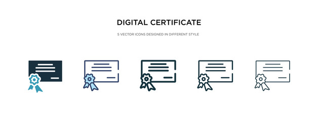 digital certificate icon in different style vector illustration. two colored and black digital certificate vector icons designed in filled, outline, line and stroke style can be used for web,