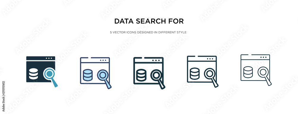 Poster data search for interface icon in different style vector illustration. two colored and black data se