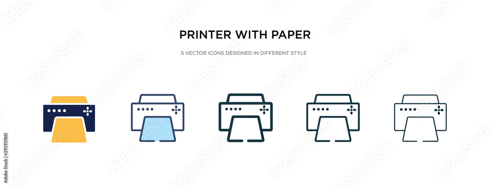 Poster printer with paper icon in different style vector illustration. two colored and black printer with p