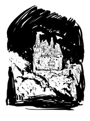croquis noir et blanc maison,château, hanté,épouvante,silhouette peur, (dessin encrage vectoriel) - 293931874
