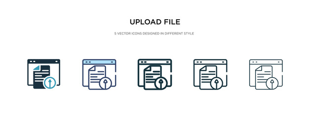 upload file icon in different style vector illustration. two colored and black upload file vector icons designed in filled, outline, line and stroke style can be used for web, mobile, ui - obrazy, fototapety, plakaty