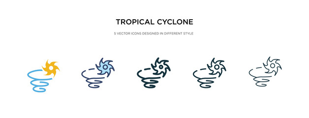 tropical cyclone icon in different style vector illustration. two colored and black tropical cyclone vector icons designed in filled, outline, line and stroke style can be used for web, mobile, ui