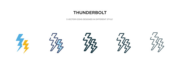 thunderbolt icon in different style vector illustration. two colored and black thunderbolt vector icons designed in filled, outline, line and stroke style can be used for web, mobile, ui