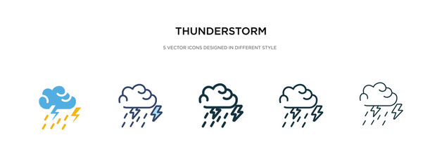 thunderstorm icon in different style vector illustration. two colored and black thunderstorm vector icons designed in filled, outline, line and stroke style can be used for web, mobile, ui