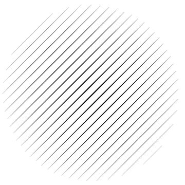 Diagonal, oblique lines abstract geometric circle. Slanting, slope lines halftone circle. Radial, circular skew, tilt parallel straight stripes (Thin lines version)