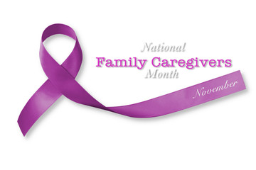 National family caregivers month in November with plum purple ribbon awareness