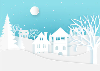 Winter landscape with houses and trees in winter season.Merry Christmas and Happy New Year. paper art design.Vector EPS 10.