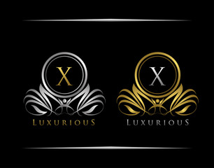 Golden Logo with X Letter in Royal Badge Vector Logo Template Used for hotel, restaurant, boutique, jewellery invitation, business card etc