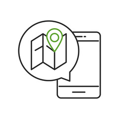 Smartphone and GPS location pin on map icon. Outline thin line. Isolated on white background. Flat style. 