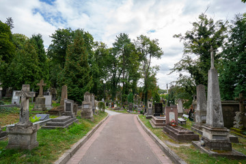 Fototapeta na wymiar Historical graves at Lychakiv Cemetery in Lviv