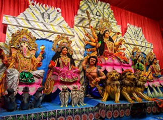 Sculpture of Hindu Goddess Durga, lakshmi, Saraswati, Ganesh and kartikey during the Durga Puja Festival.