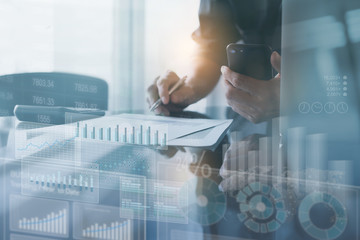 Business analysis, businessman working in office with financial graph on virtual screen