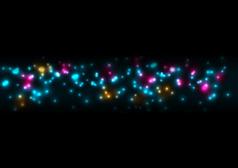 Blue, purple and orange shiny bokeh particles abstract glowing background. Vector neon design