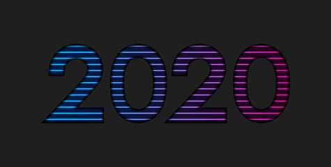 New Year 2020 colorful blue purple neon lights background. Laser futuristic Christmas vector design