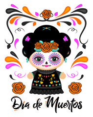 Dia de Muertos, Day of the Dead Spanish text Classic Mexican Catrina Doll and ornaments.