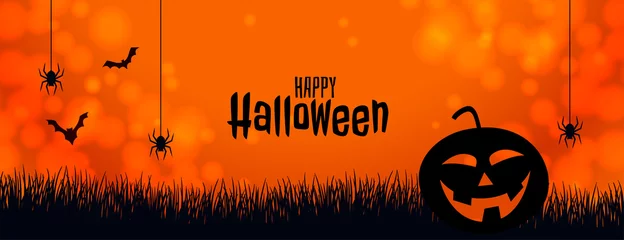 Foto op Plexiglas orange halloween banner with pumpkin spider and bats © starlineart