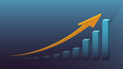 Abstract financial graph with 3d bar chart and arrows in stock market on blue color background