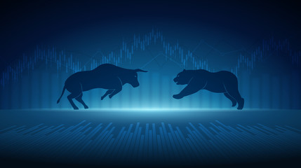 Abstract financial chart with bulls and bear in stock market on blue color background - obrazy, fototapety, plakaty