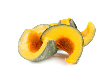 Slices of streamed pumpkin isolated on white background.