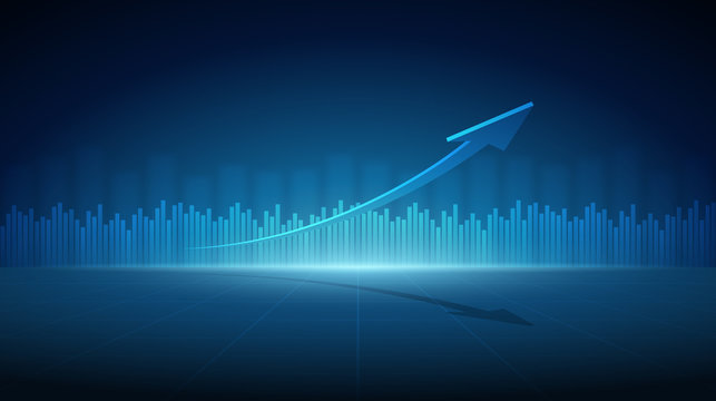 Widescreen Abstract financial graph with 3d arrow and bar chart of stock market on blue color background