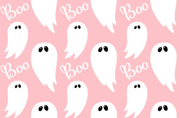Ghost seamless pattern on pink with hand drawn text Boo for children halloween party paper, holiday celebration invitation. Spooky vector pattern with doodle and text, cute poltergeist spirit phantom