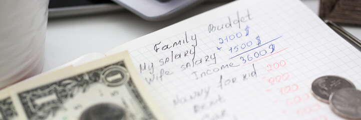 Notepad page with handwritten calculation of family budget closeup