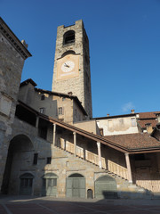 Fototapeta na wymiar Bergamo, Italy. The old town. Landscape at the clock tower called Il Campanone. It is located in the main square of the upper town
