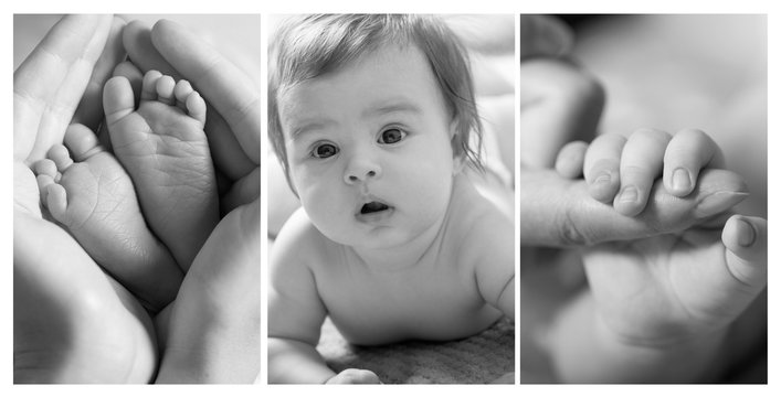 Newborn cute details baby care mom . Black and white photo set of three