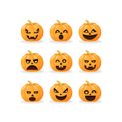 Set of halloween pumpkins, funny faces. Autumn holidays. Set of colorful cartoon icons of emotional. Vector illustration EPS10.
