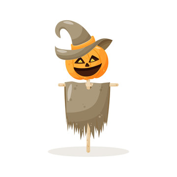 Scarecrow with pumpkin head in a witch hat and rags. Cartoon pumpkin head with hands. vector illustration