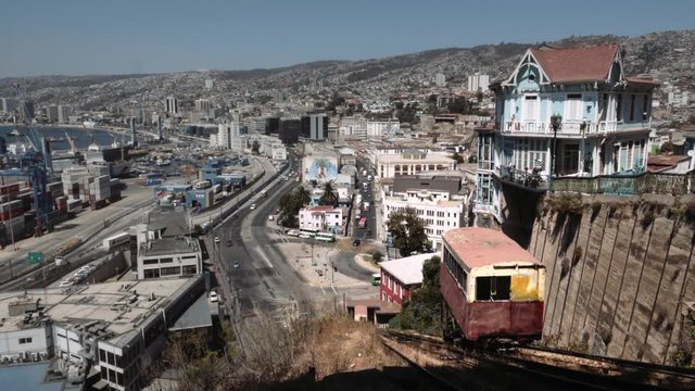 Old cable car going up, panoramic view of the Valparaiso, Chile. 4k
