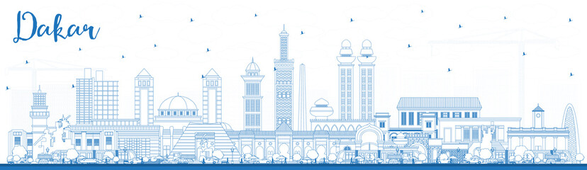 Outline Dakar Senegal City Skyline with Blue Buildings.