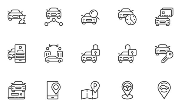 Car sharing vector line icons set. Collaborative consumption, car rental service. Editable stroke. 48x48 Pixel Perfect.