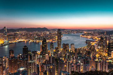 Obraz premium Goodmorning Hong Kong, Victoria peak, Victoria Harbour, Skyline