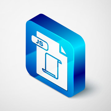 Isometric JS file document. Download js button icon isolated on white background. JS file symbol. Blue square button. Vector Illustration